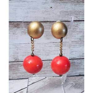 Vintage Clip On Earrings - Orangey Red & Gold Tone Statement Dangle